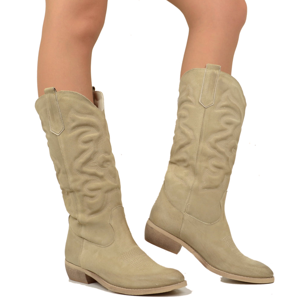 Beige Women's Texan Boots in Suede Leather with Stitching - 3