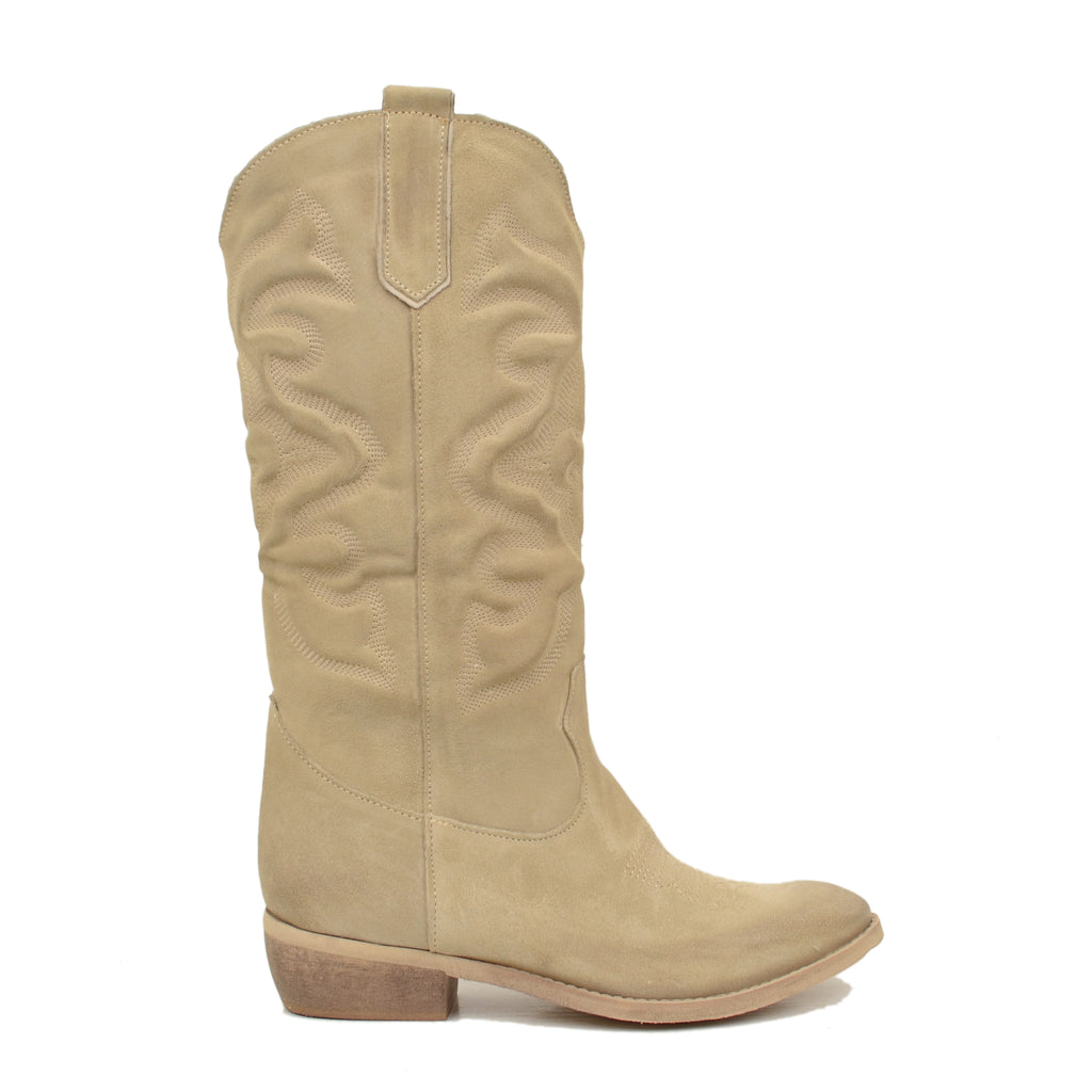 Beige Women's Texan Boots in Suede Leather with Stitching - 4