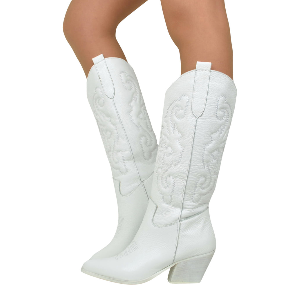 White Leather Texan Boots with Stitching Made in Italy