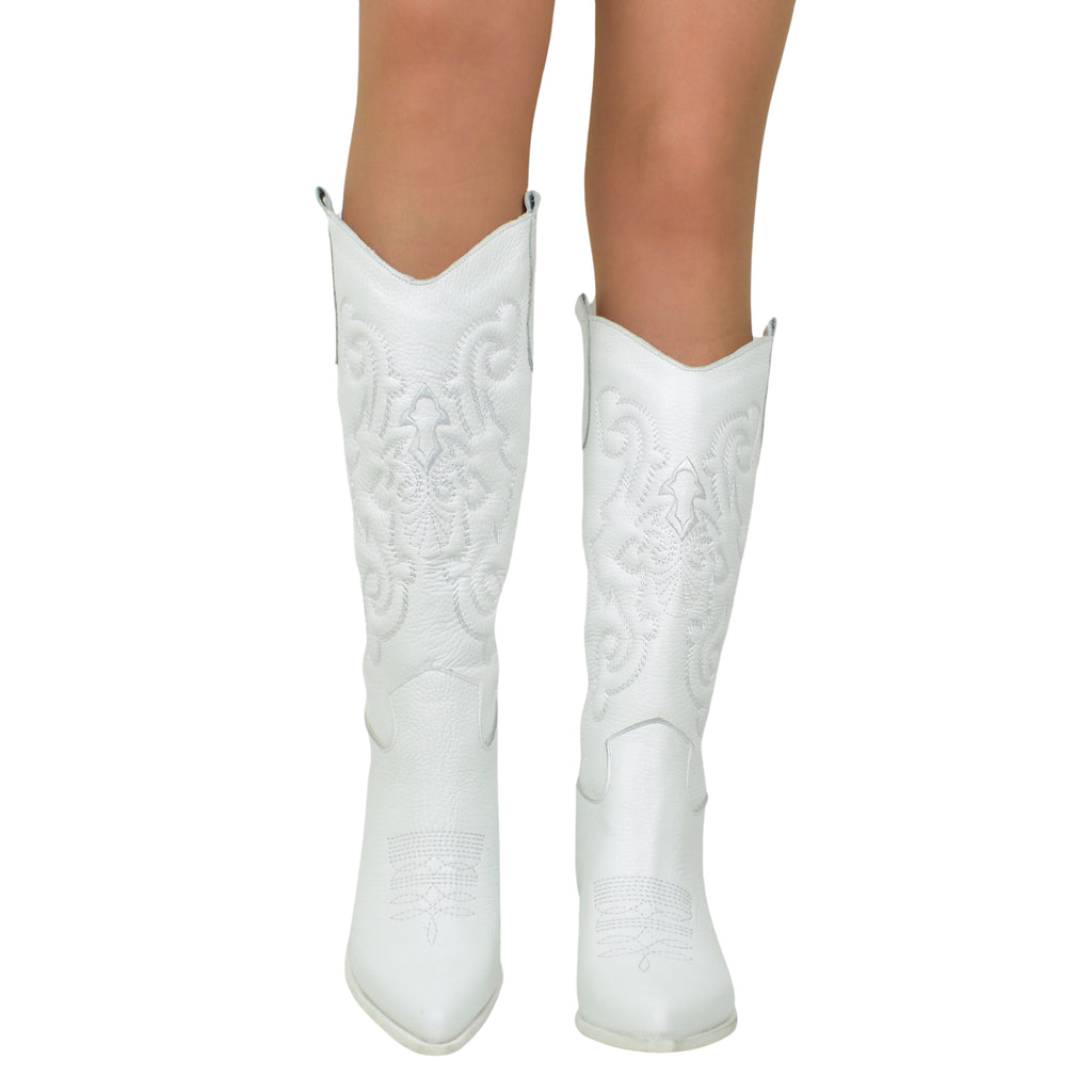 White Leather Texan Boots with Stitching Made in Italy - 3
