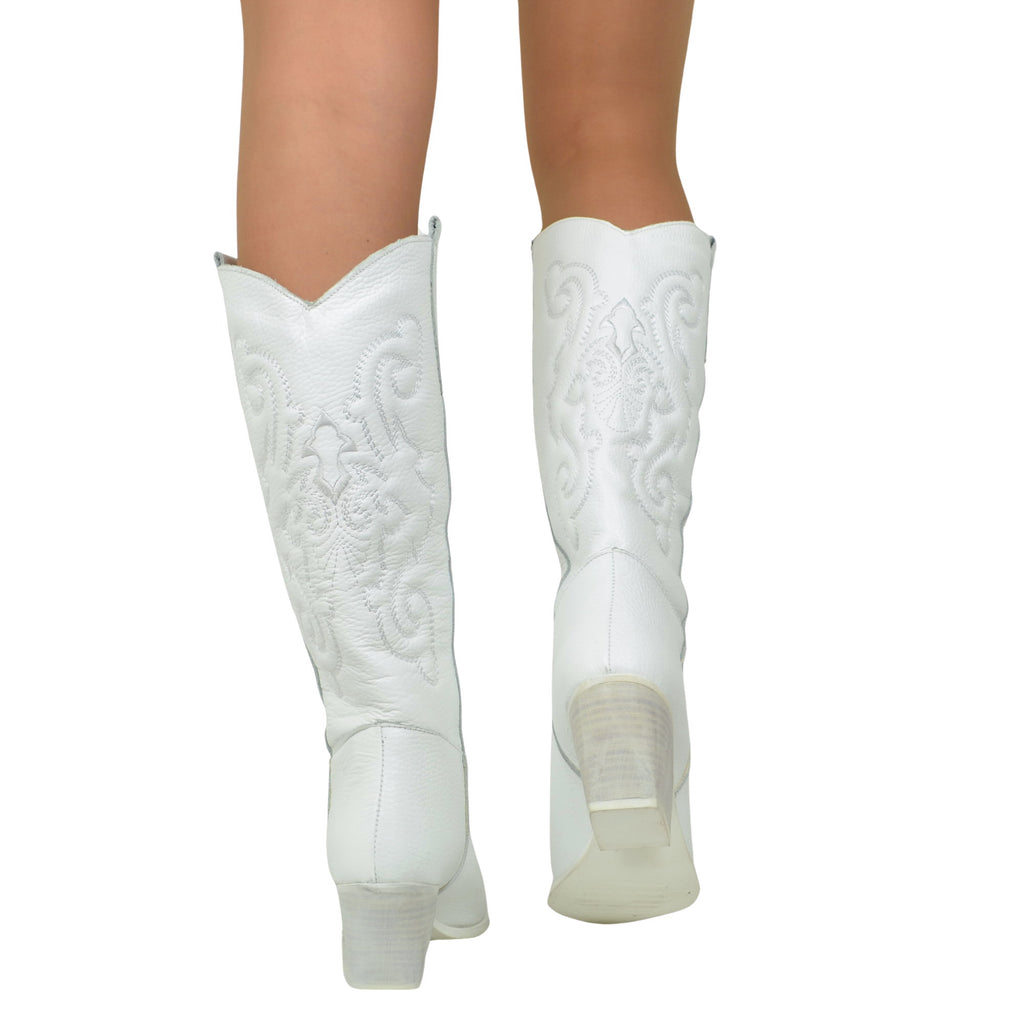 White Leather Texan Boots with Stitching Made in Italy - 4