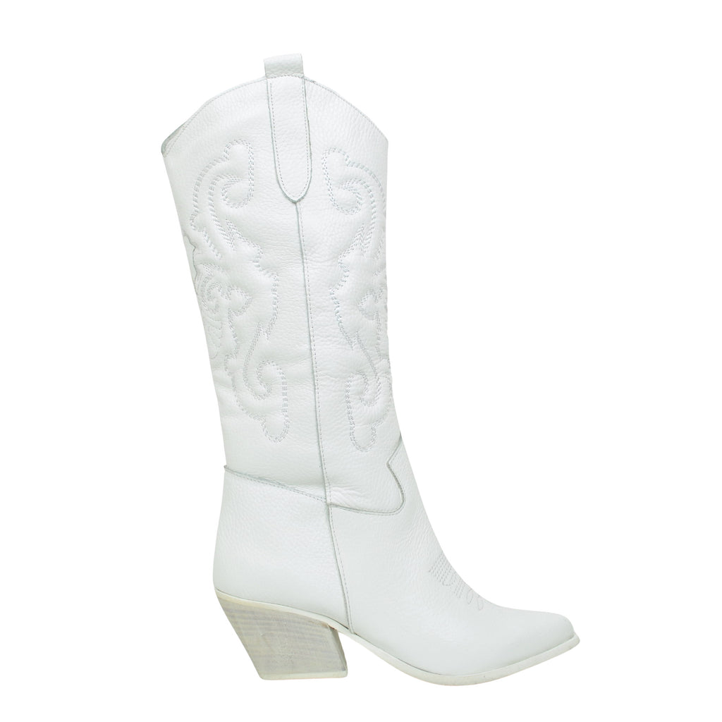 White Leather Texan Boots with Stitching Made in Italy - 2