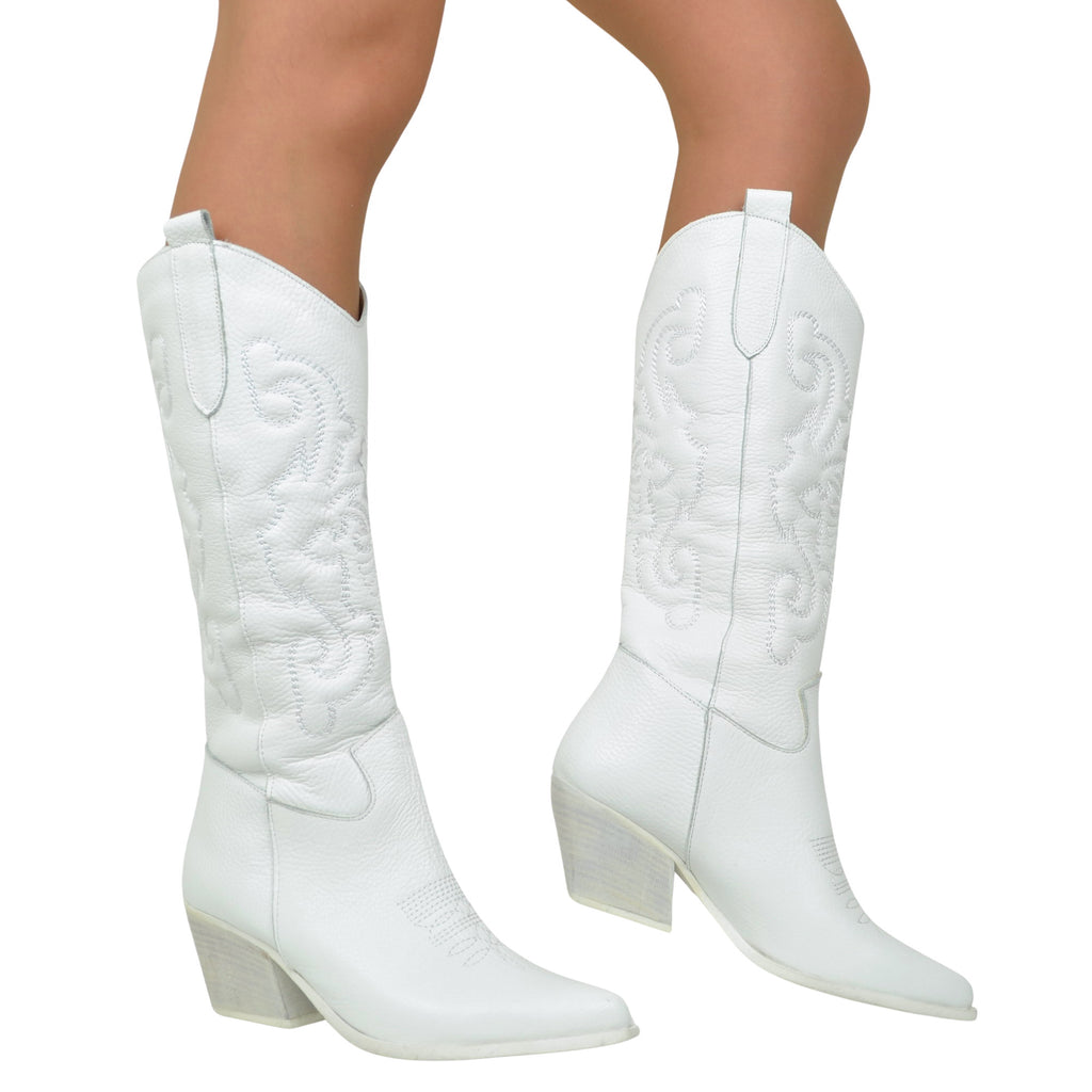 White Leather Texan Boots with Stitching Made in Italy - 5