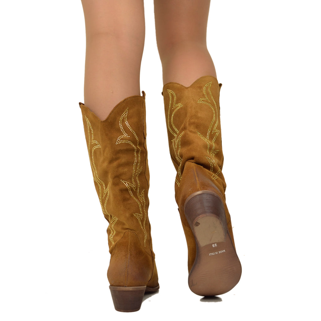 Texan Boots in Tan Suede Leather with Flame Rhinestones Low Heel 4 cm - 4