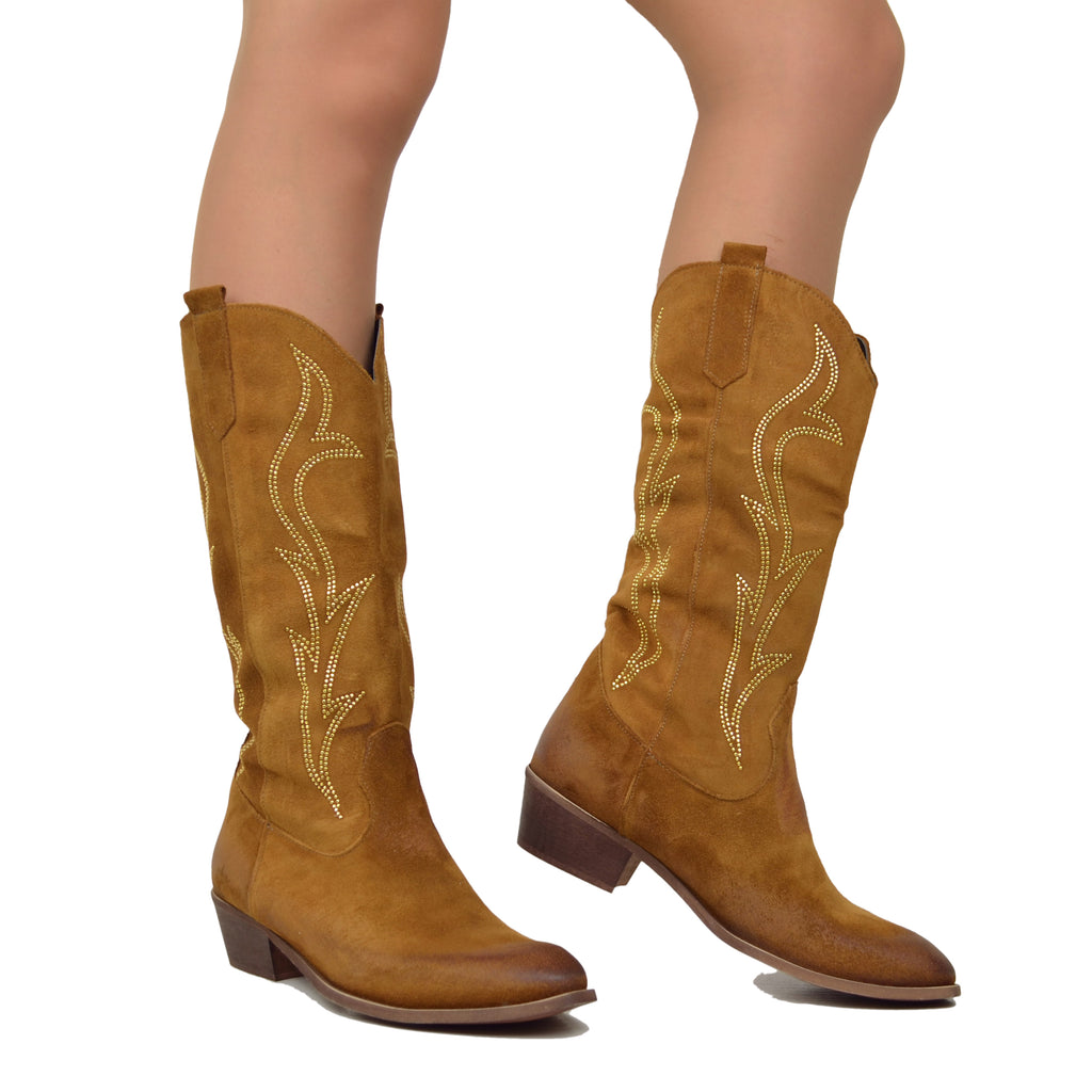 Texan Boots in Tan Suede Leather with Flame Rhinestones Low Heel 4 cm - 5