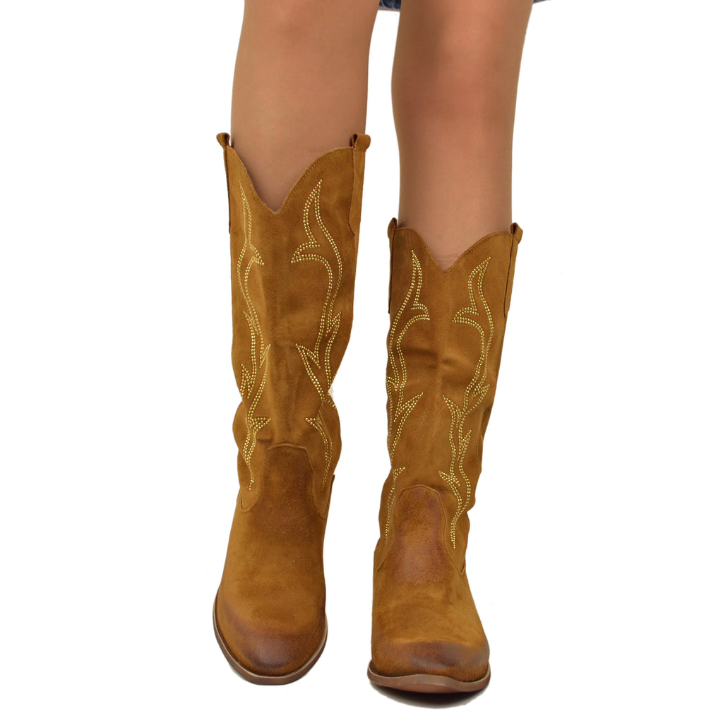 Texan Boots in Tan Suede Leather with Flame Rhinestones Low Heel 4 cm - 6