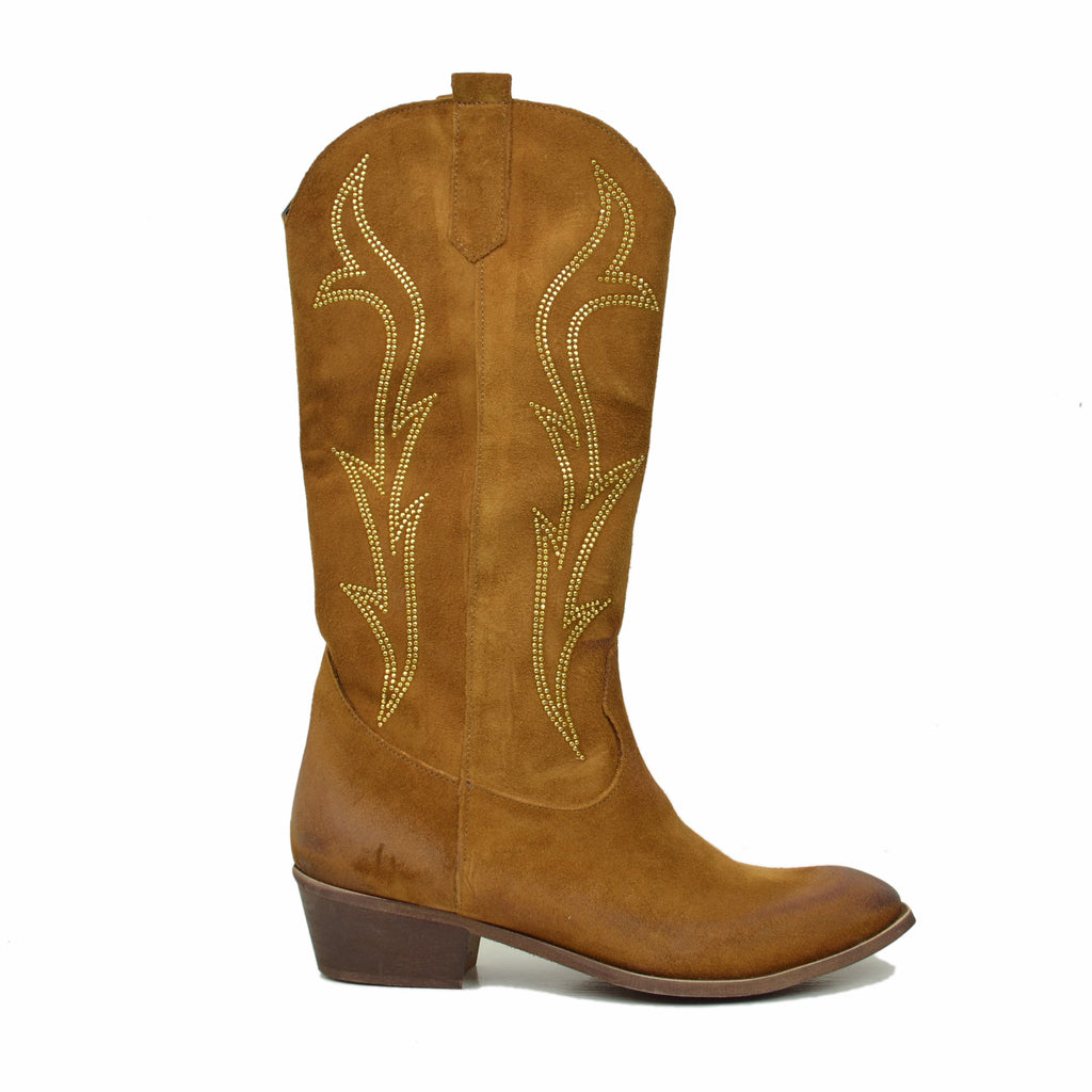 Texan Boots in Tan Suede Leather with Flame Rhinestones Low Heel 4 cm - 3