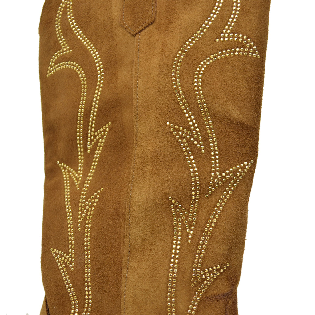 Texan Boots in Tan Suede Leather with Flame Rhinestones Low Heel 4 cm - 2