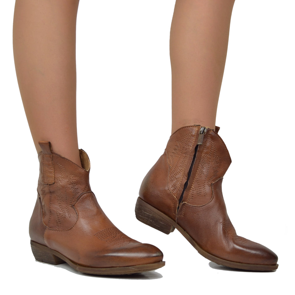 Texanische Damen-Stiefeletten aus braunem Vintage-Leder, hergestellt in Italien - 3