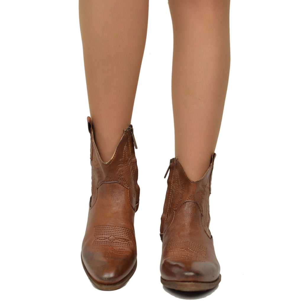 Texanische Damen-Stiefeletten aus braunem Vintage-Leder, hergestellt in Italien - 5