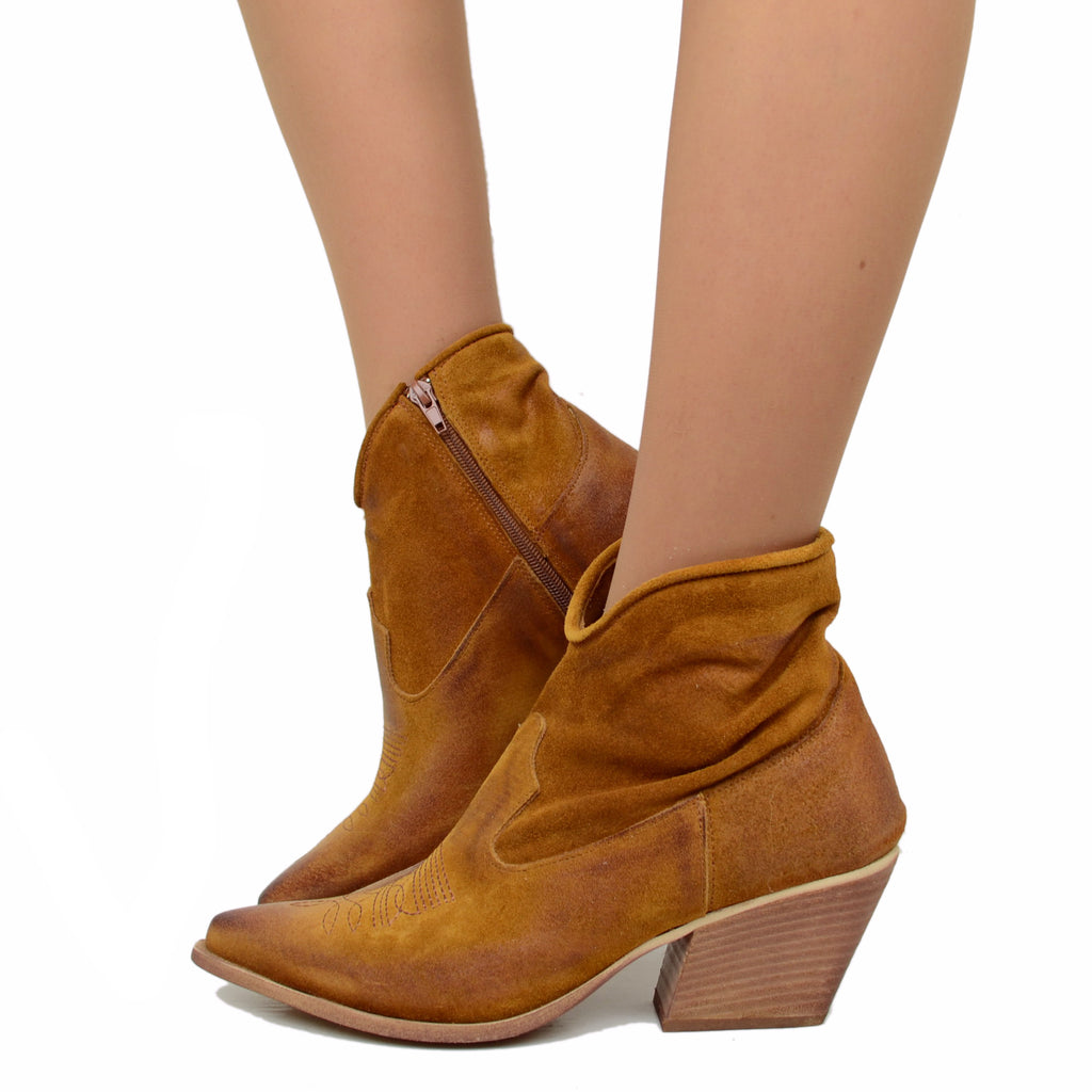 Women's Summer Texan Ankle Boots in Tan Suede Leather