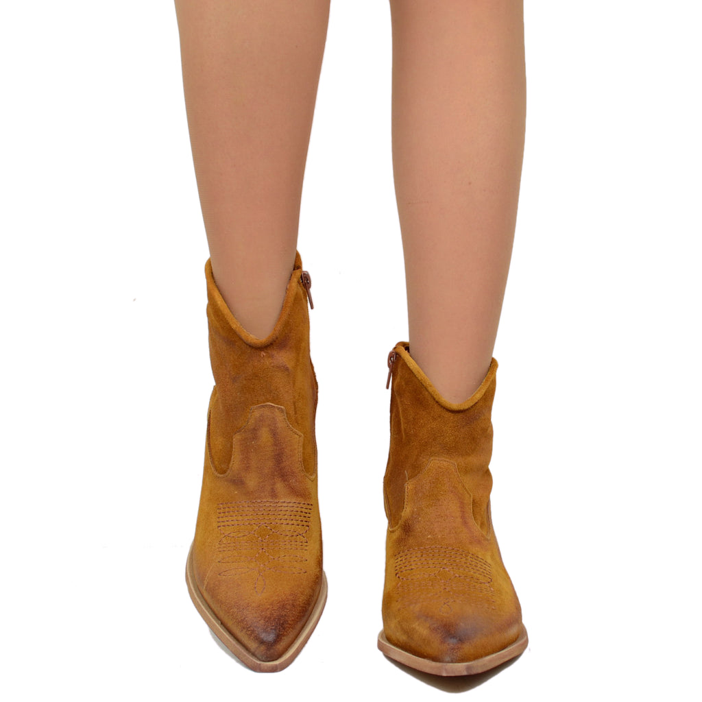 Women's Summer Texan Ankle Boots in Tan Suede Leather - 2