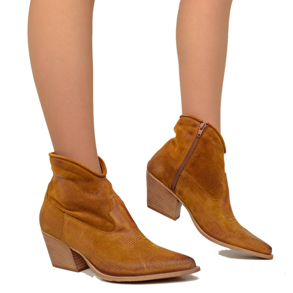 Women's Summer Texan Ankle Boots in Tan Suede Leather - 4