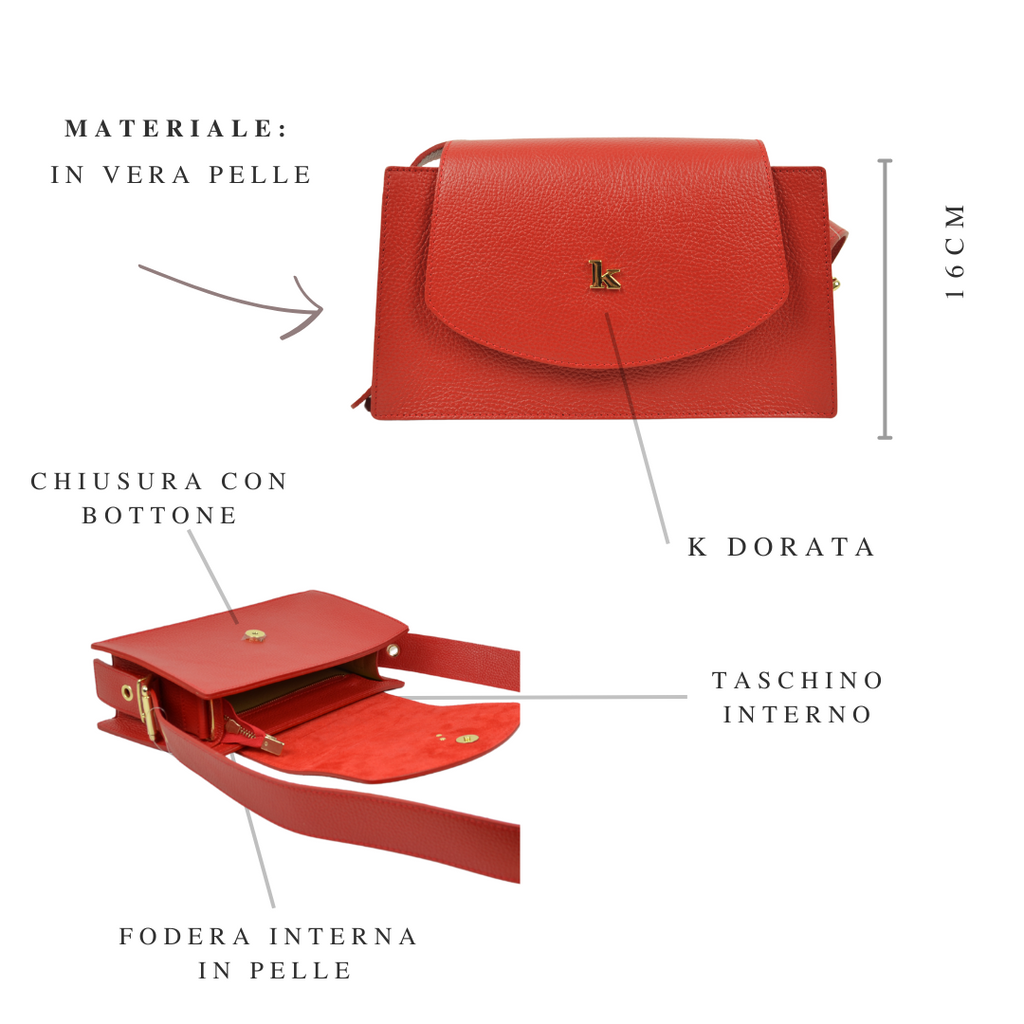 Borsa con Tracolla Regolabile in Pelle Rossa con Borchia "K" Made in Italy - 5