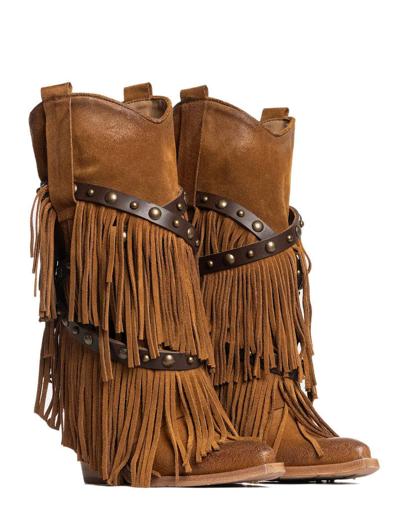 Stivali Texani con Frange Vera Pelle Scamosciata Wild Cowboyboots Cuoio - 2