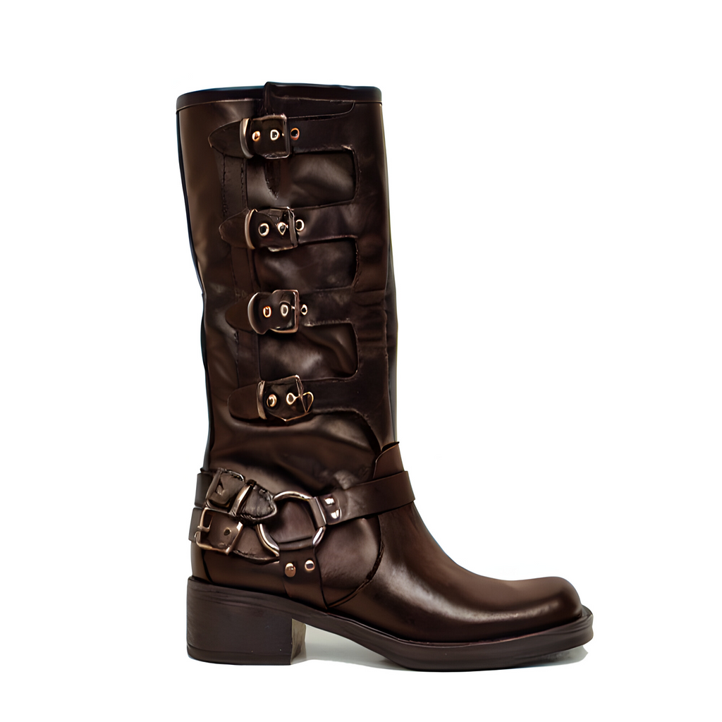 Stivali Biker 5 Fibbie Marroni Punta Quadrata in Pelle Made in Italy - 2