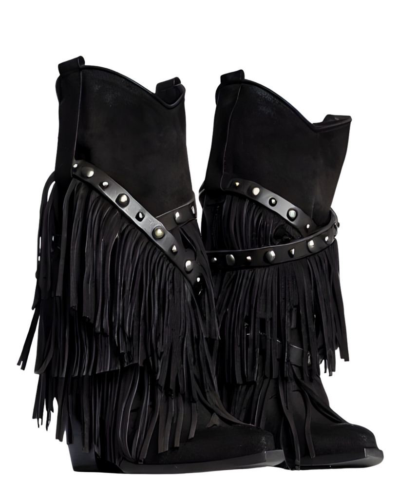 Westernstiefel mit Fransen Schwarz – Wildleder Look - 3