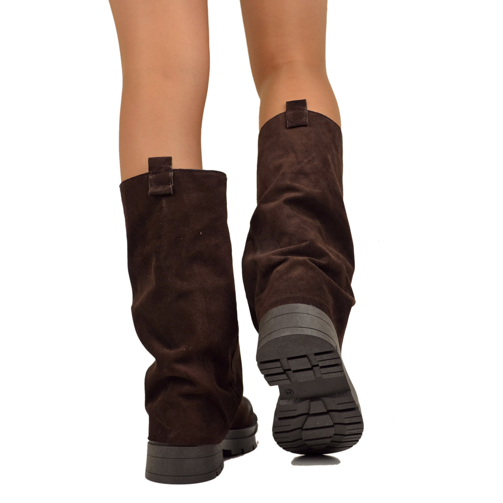 Brown Biker Boots with Suede Gaiter Platform Bottom Wide Fit - 5