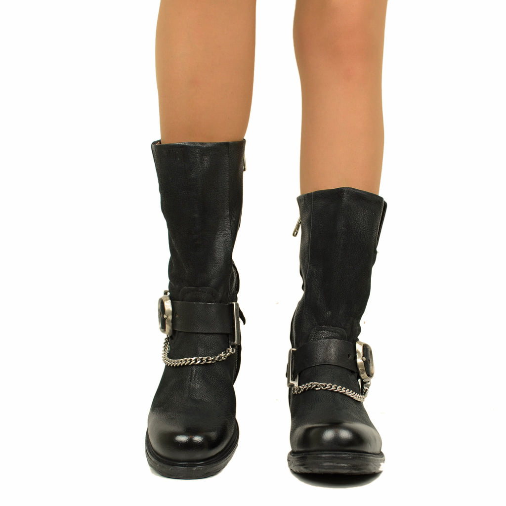 Women's Biker Boots in Black Tumbled Leather AS98 Chain and Zip - 3