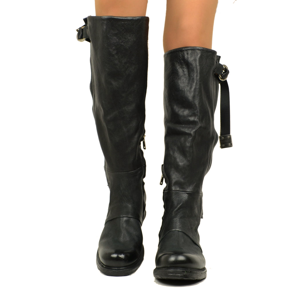 AS98 Tall Black Boots with Zip and Calf Strap - 3