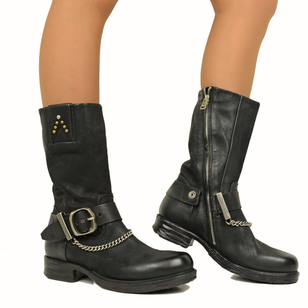 Women's Biker Boots in Black Tumbled Leather AS98 Chain and Zip - 5