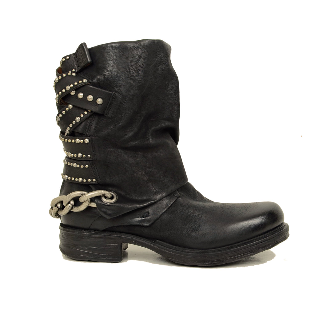 Schwarze AS98 Damen-Bikerstiefel aus Leder mit Nieten und Reißverschluss - 9