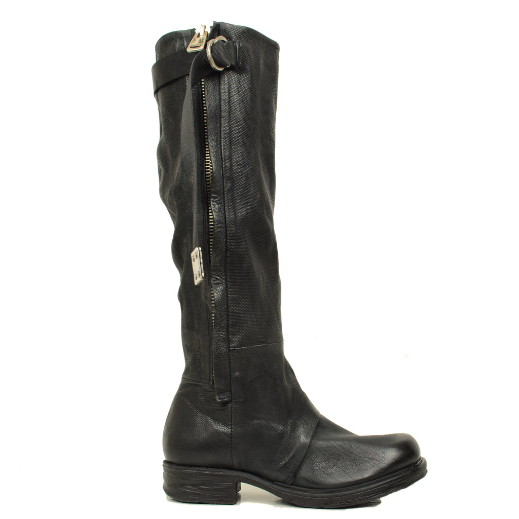 AS98 Tall Black Boots with Zip and Calf Strap - 2