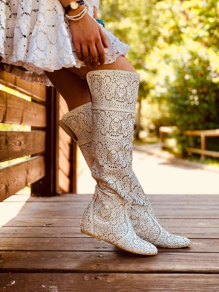 White Leather Perforated Knee High Cuissardes Boots - 2