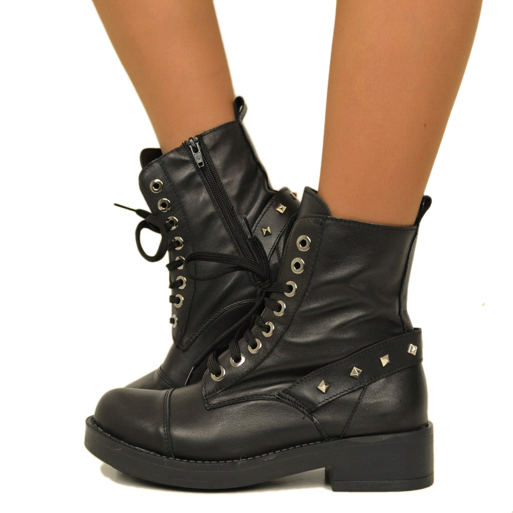 Black Biker Women's Ankle Boots with Laces and Zip Made in Italy