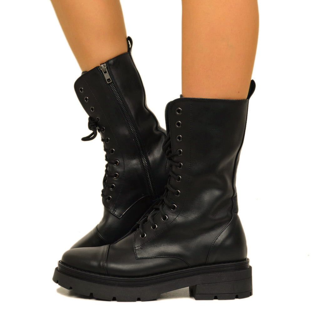 Women's Black Amphibian Boots with Zip and Platform Bottom Made in Italy
