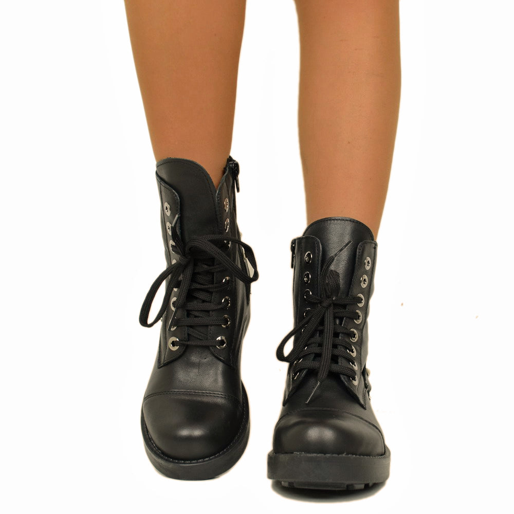 Black Biker Women's Ankle Boots with Laces and Zip Made in Italy - 3