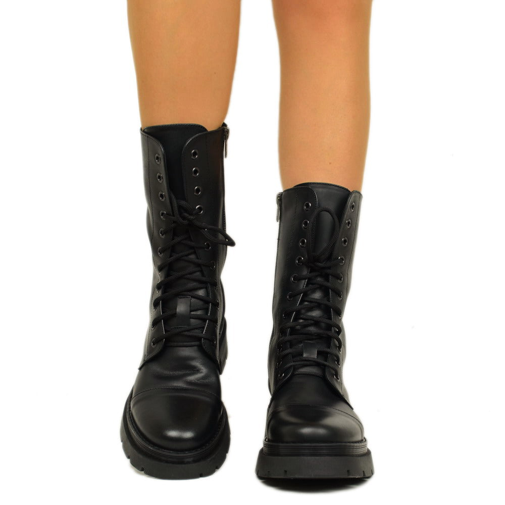 Women's Black Amphibian Boots with Zip and Platform Bottom Made in Italy - 4