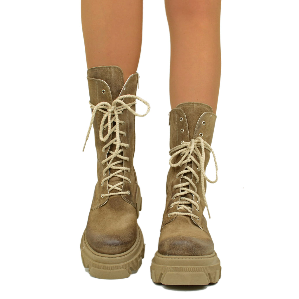 Damen-Stiefel aus beigem Wildleder mit Reißverschluss, hergestellt in Italien - 2