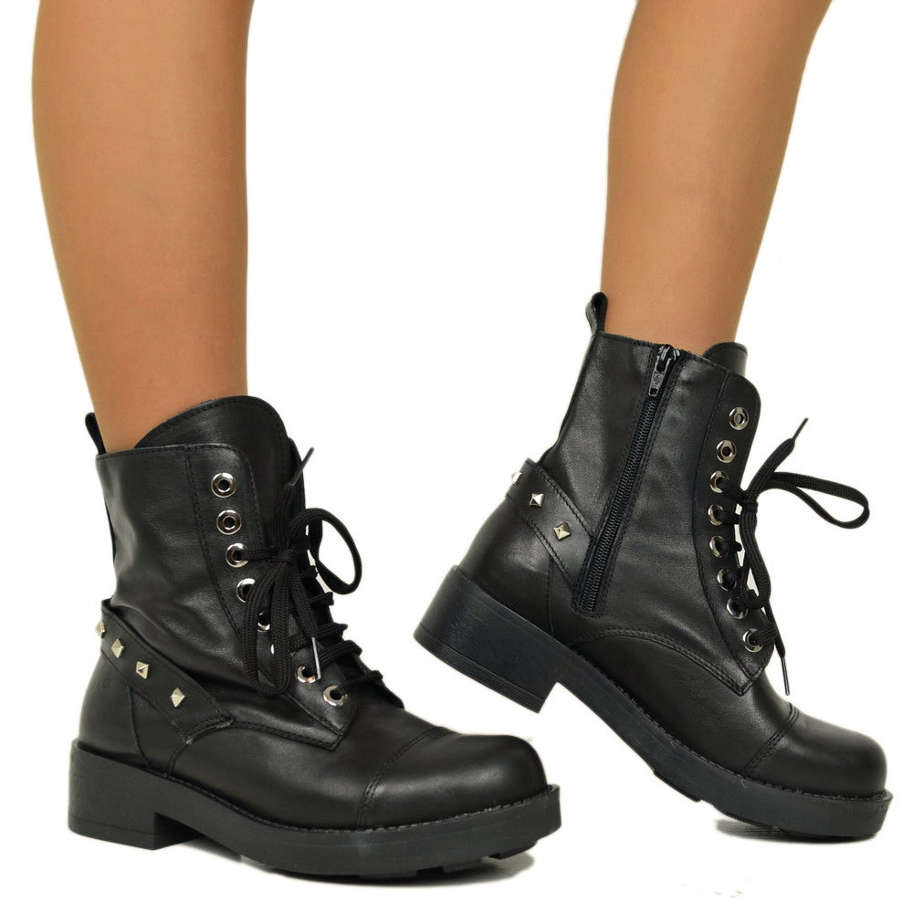 Black Biker Women's Ankle Boots with Laces and Zip Made in Italy - 4