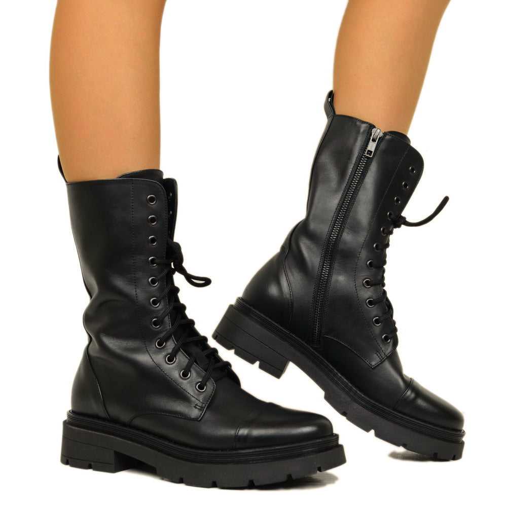Women's Black Amphibian Boots with Zip and Platform Bottom Made in Italy - 3
