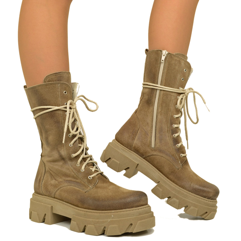 Damen-Stiefel aus beigem Wildleder mit Reißverschluss, hergestellt in Italien - 3