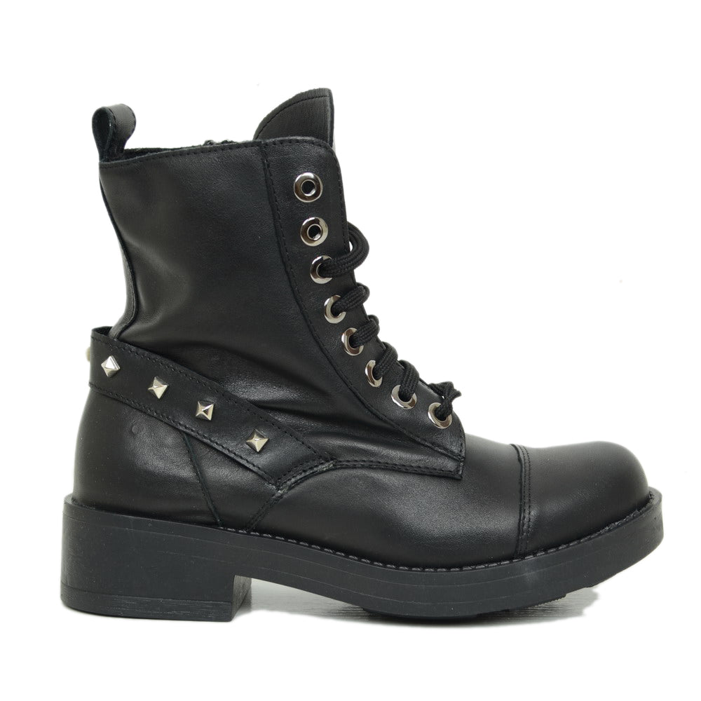Black Biker Women's Ankle Boots with Laces and Zip Made in Italy - 2