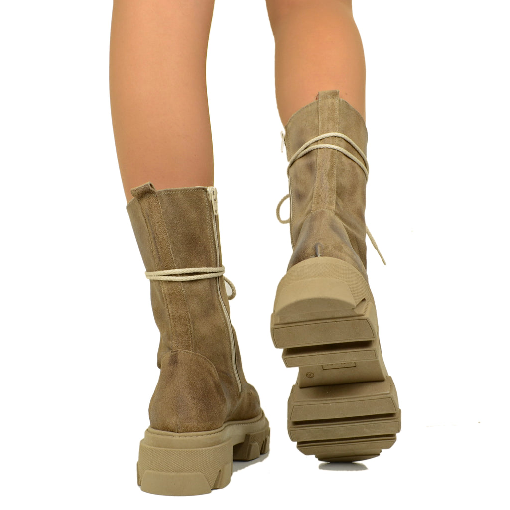 Damen-Stiefel aus beigem Wildleder mit Reißverschluss, hergestellt in Italien - 4