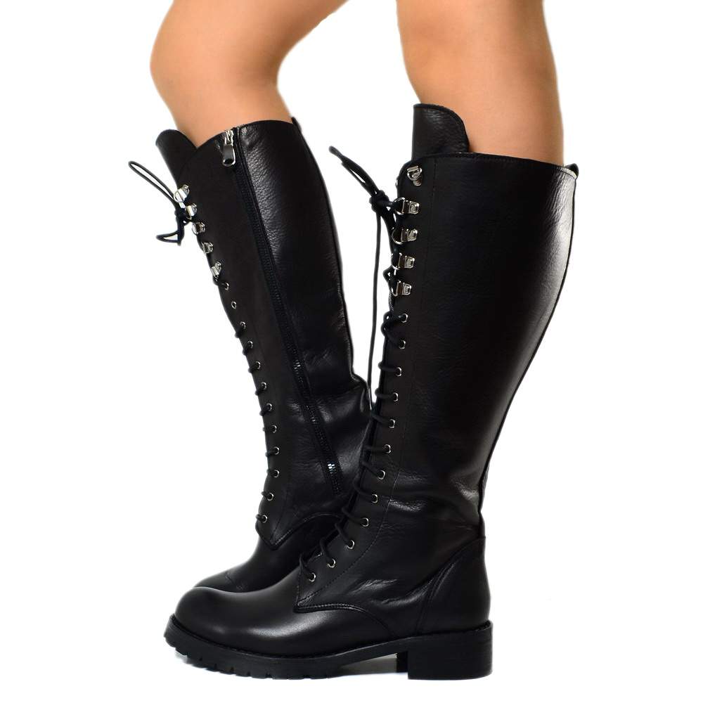 High Black Leather Amphibian Boots with Laces Made in Italy
