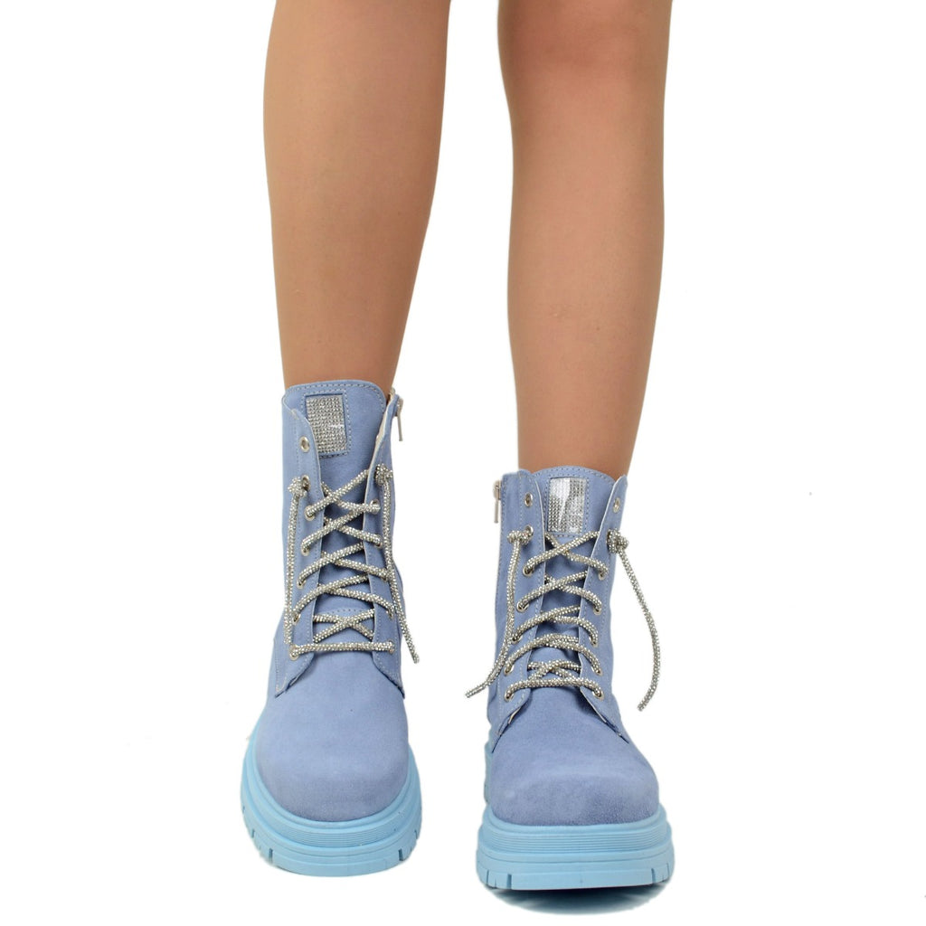Women's Biker Ankle Boots with Rhinestones in Light Blue Suede - 3