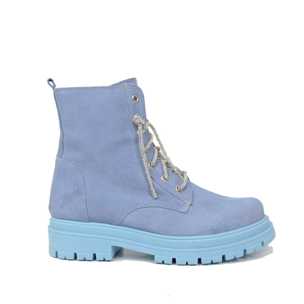 Women's Biker Ankle Boots with Rhinestones in Light Blue Suede - 2