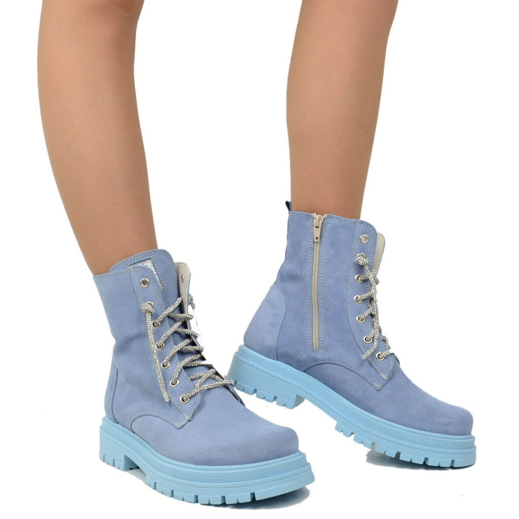 Women's Biker Ankle Boots with Rhinestones in Light Blue Suede - 4