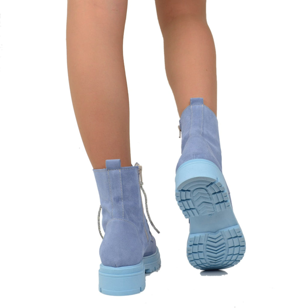 Women's Biker Ankle Boots with Rhinestones in Light Blue Suede - 5
