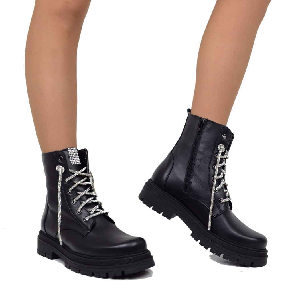 Women's Biker Ankle Boots with Rhinestones and Side Zip Made in Italy - 4