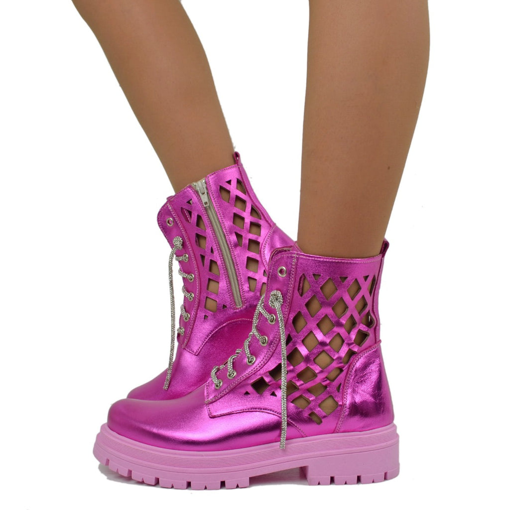 Women's Biker Ankle Boots in Fuchsia Laminated Perforated Leather