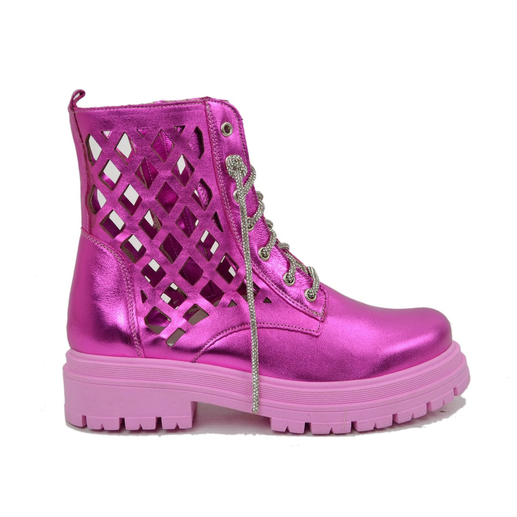 Women's Biker Ankle Boots in Fuchsia Laminated Perforated Leather - 2