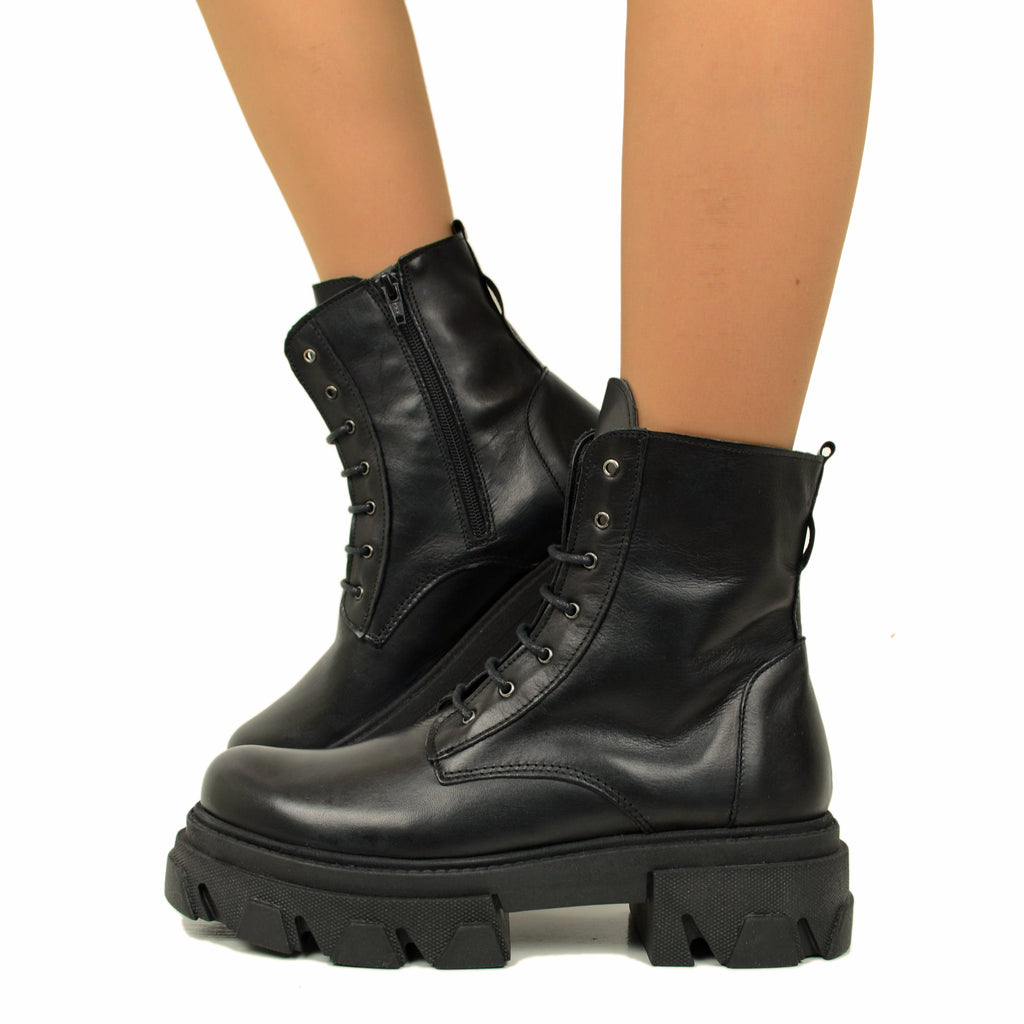 Women's Black Amphibian Ankle Boots with Pocket in Leather Made in Italy
