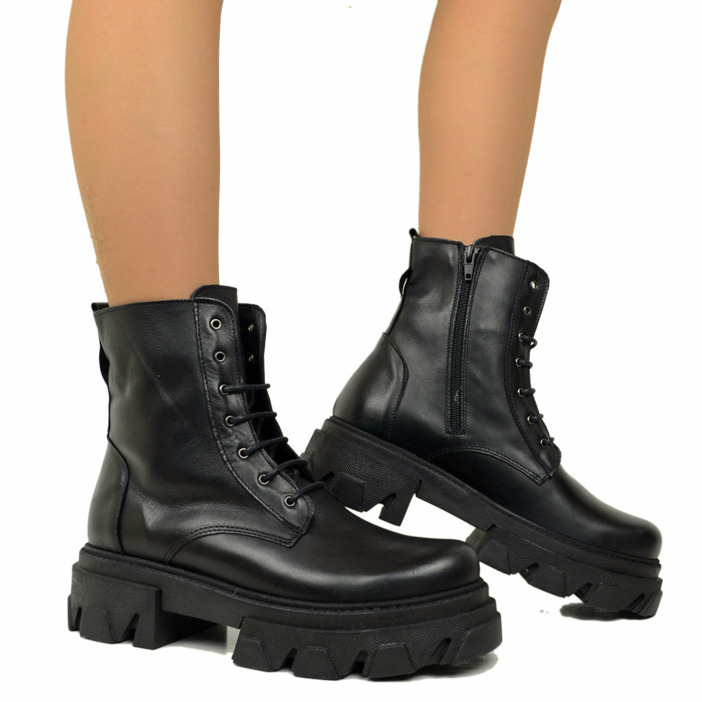 Schwarze Amphibian-Stiefeletten für Damen mit Tasche aus Leder, hergestellt in Italien - 4