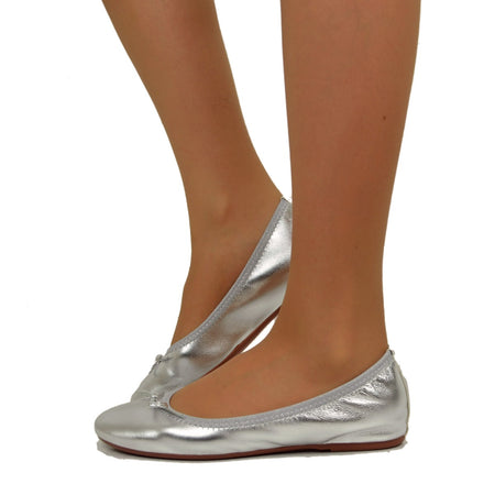Ballerine in Nappa Argento Elasticizzate con Zeppetta interna