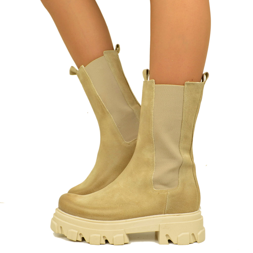 Beige Ankle Boots in Suede with Elasticated Inserts